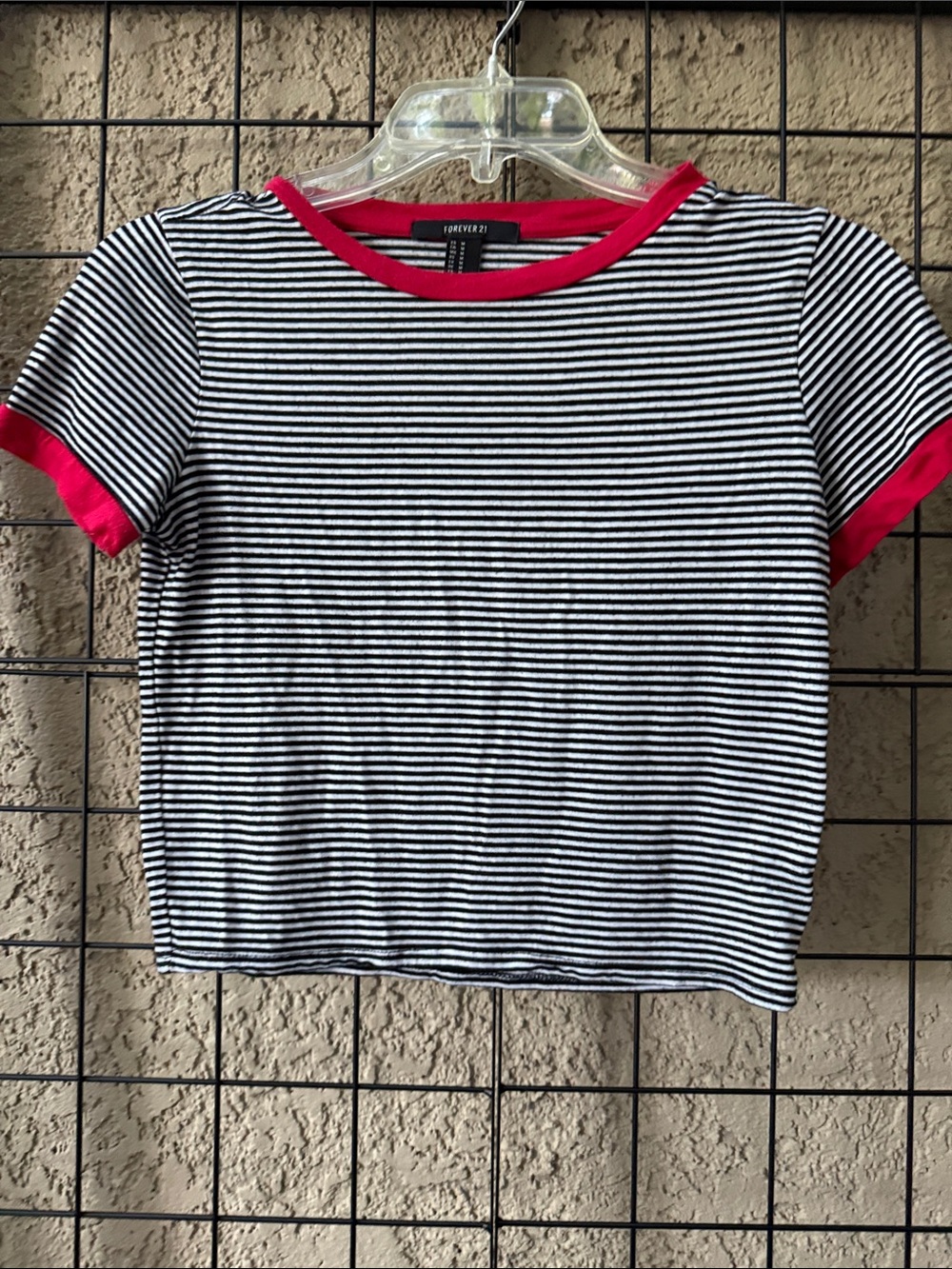 Forever 21 Black & White Striped Cropped Tee with Bright Red Trim